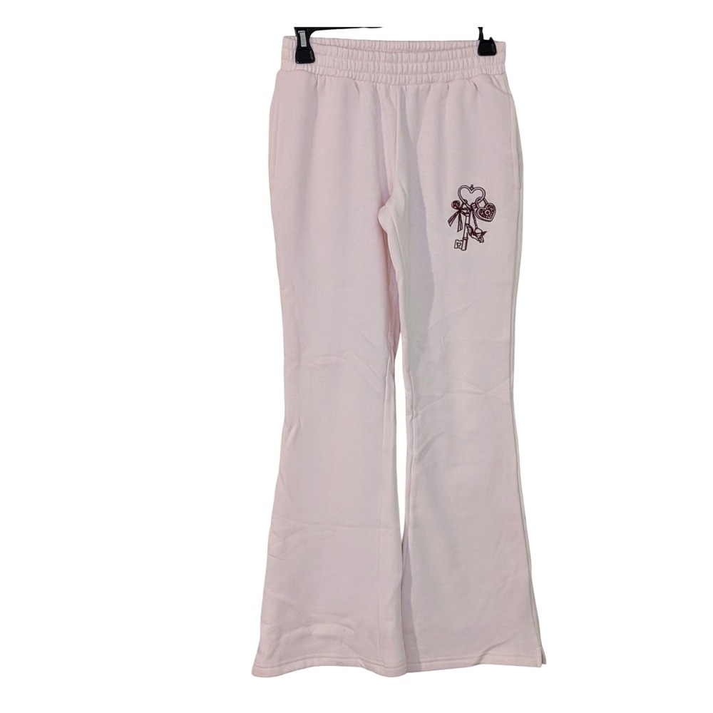 Social‎ Scene Pink Flare Sweatpants Heart Lock Key Embroidered Size XS NWOT